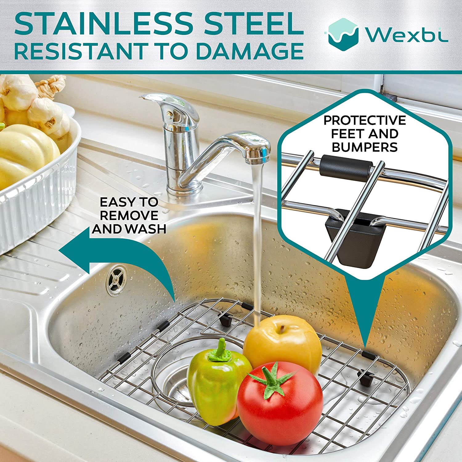 Wexbi Kitchen Sink Protectors for Double Kitchen Sink, Set of Two Metal Sink Protector Mat 16 x 13 in, 14.5 x 11.26 in